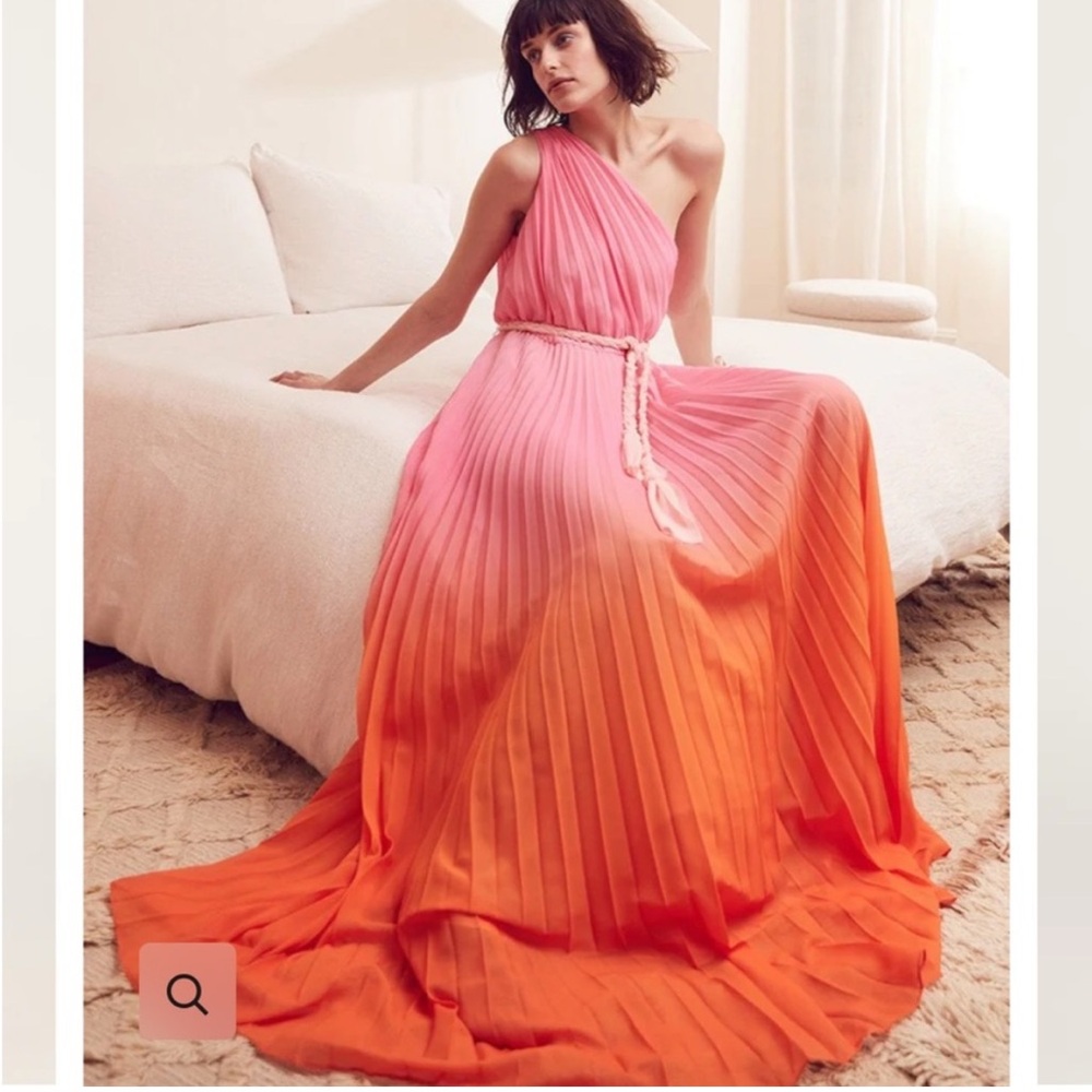 AMUR Garret pleated one shoulder maxi pink orange belted gown sz.00
